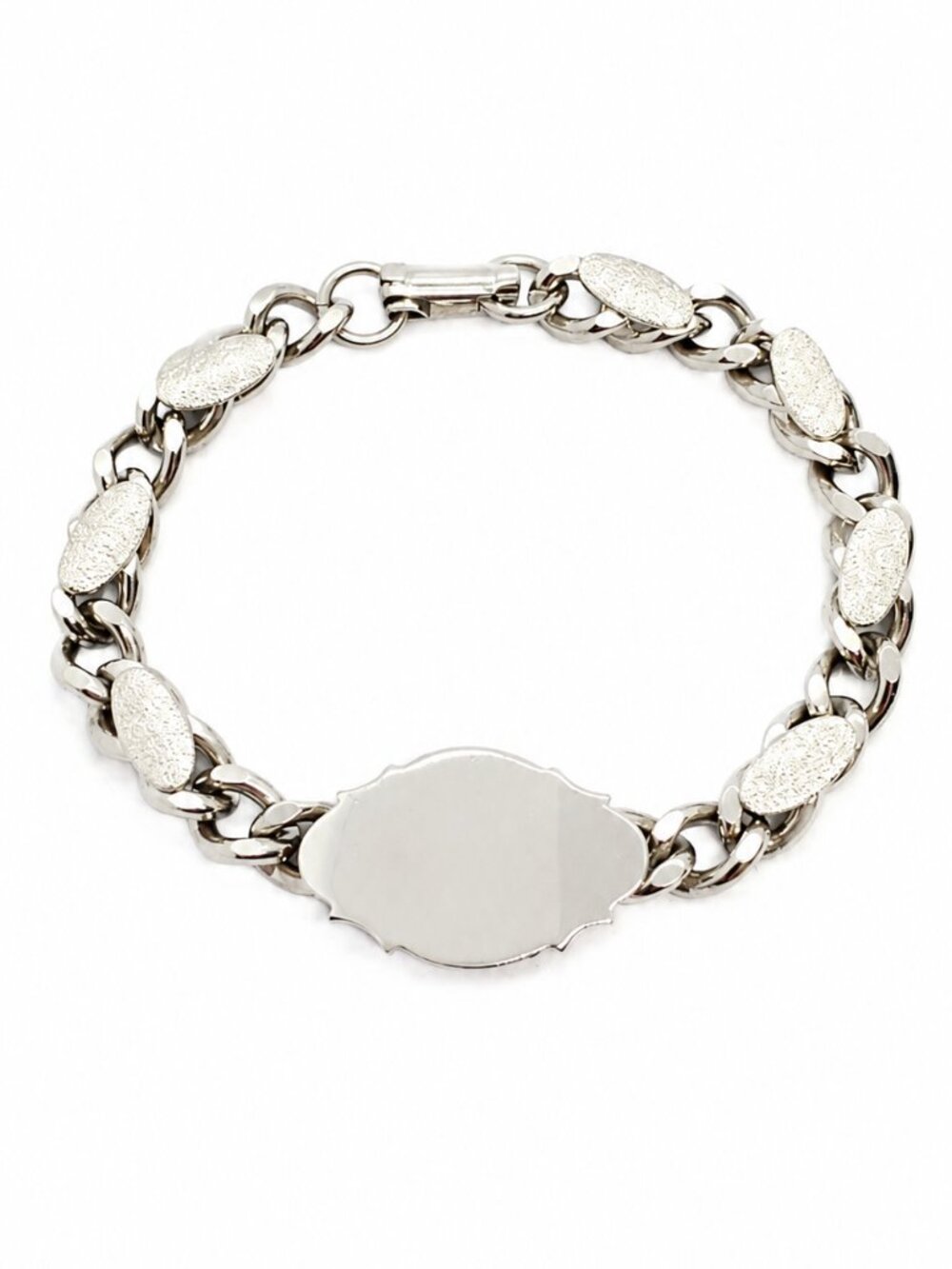 VINTAGE ID BRACELET Silver Tone Engravable Curb Link Textured Station 7.25"